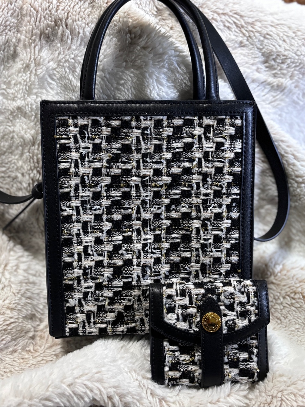 Charles & Keith Black/White Tweed Double Handle Tote Bag and Wallet